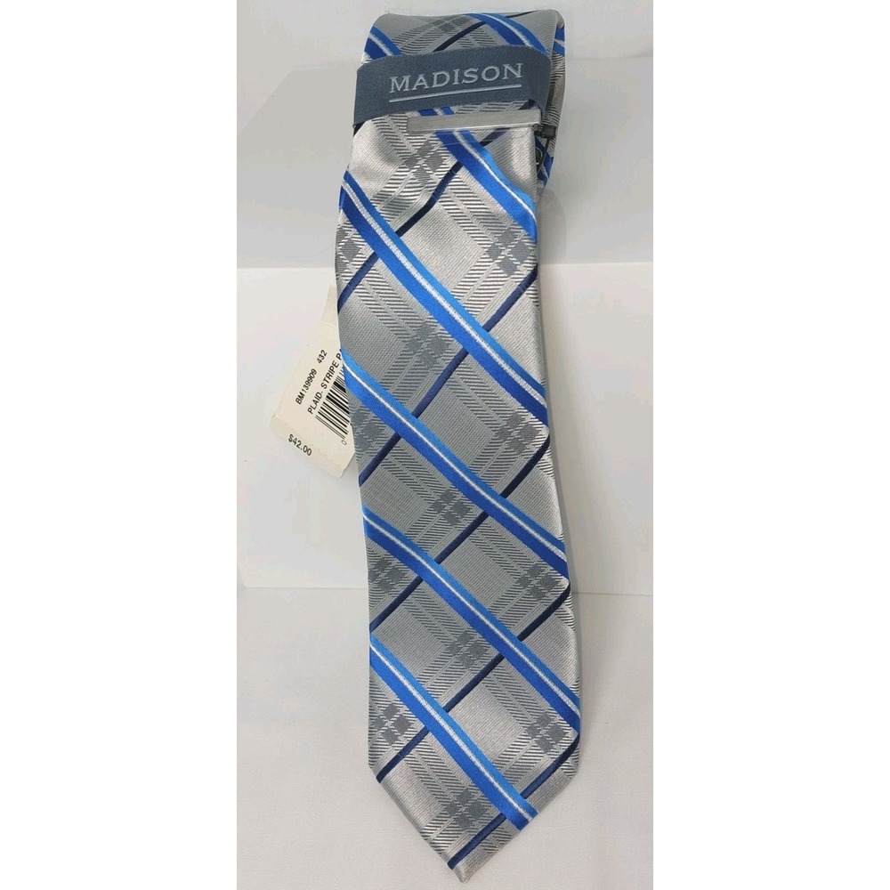 NWT Madison Necktie Blue Striped Silver Plaid Tie Bar Included New 3"x56"‎